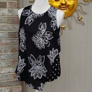Kaari Blue Sleeveless Asymmetrical Layered Hem Tank M White on Black EUC